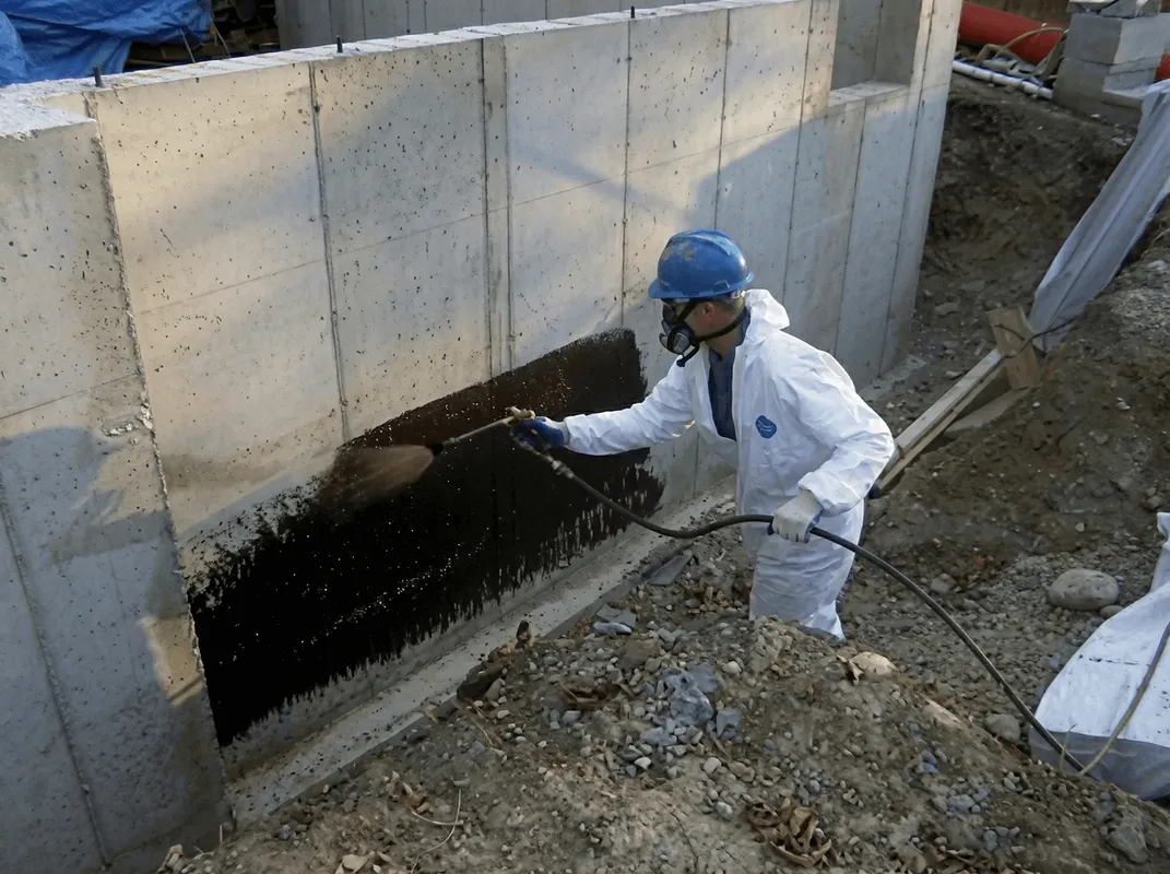 Professional waterproofing the exterior walls of the basement in Bellevue, WA